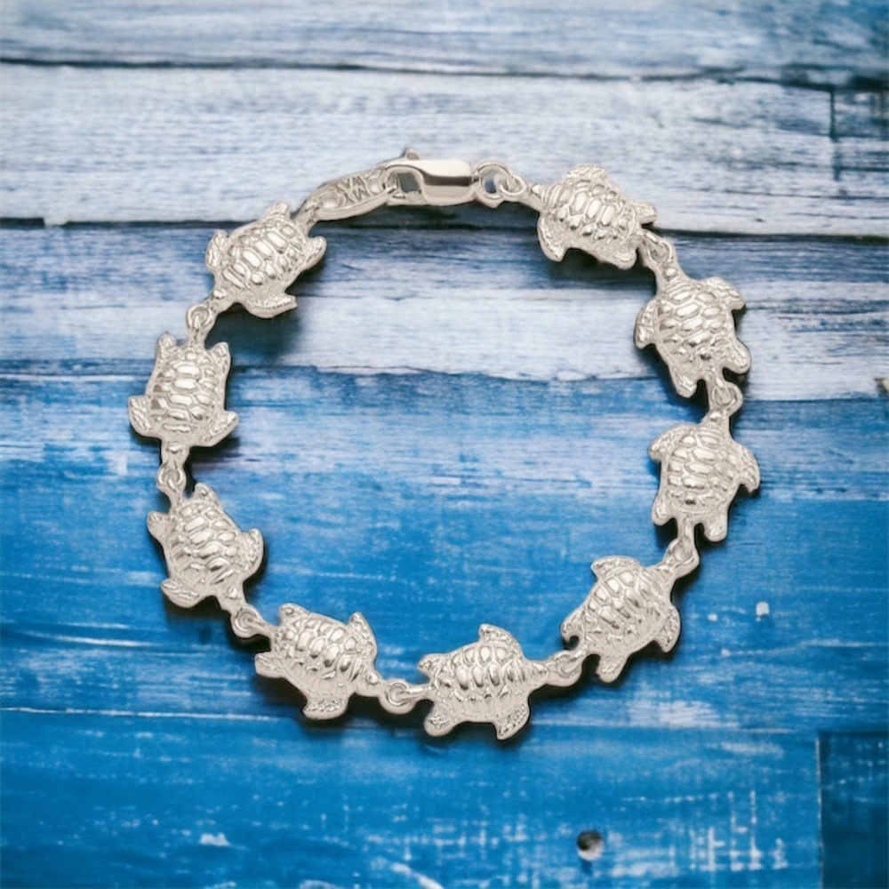 925 Sterling Silver Sea Turtles charm link Bracelet with lobster clasp 7” length
